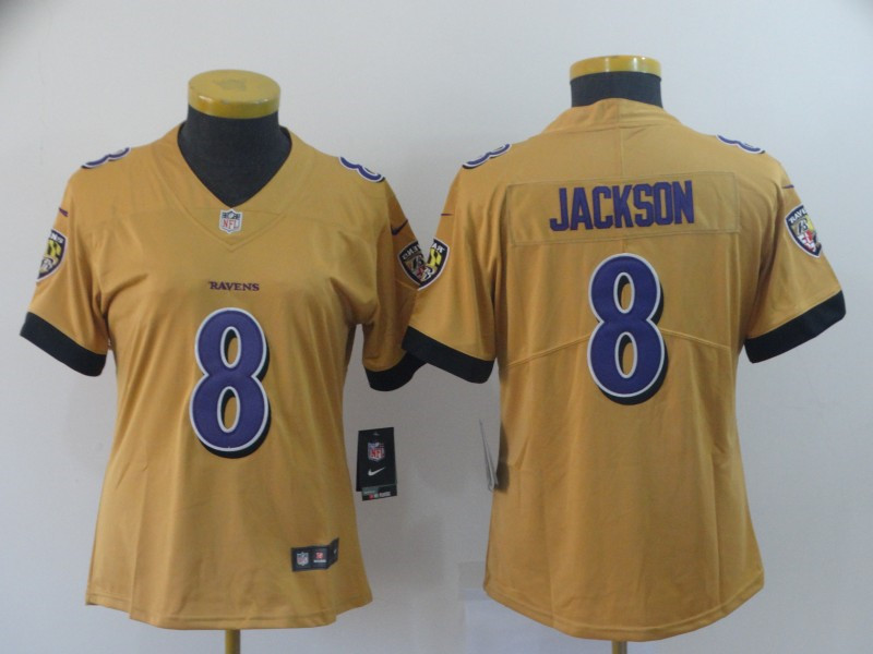 Nike Ravens 8 Lamar Jackson Gold Women Inverted Legend Limited Jersey