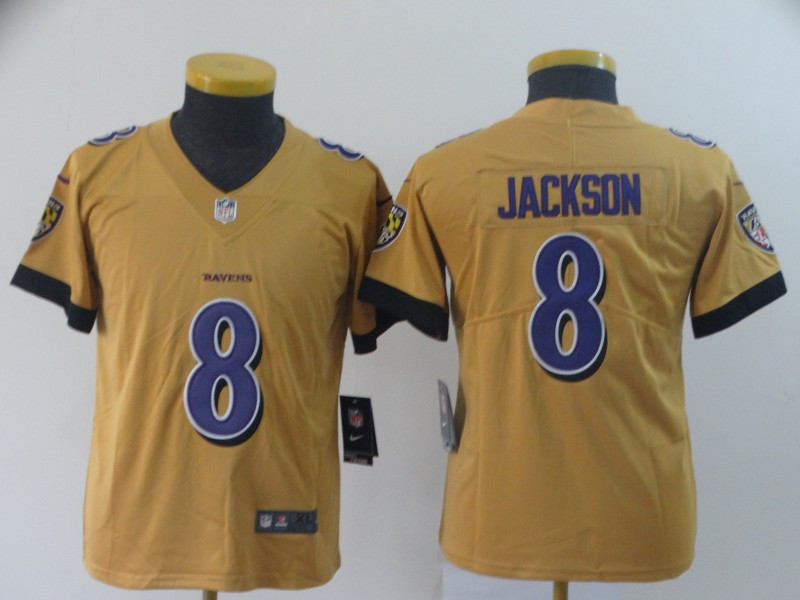 Nike Ravens 8 Lamar Jackson Gold Youth Inverted Legend Limited Jersey