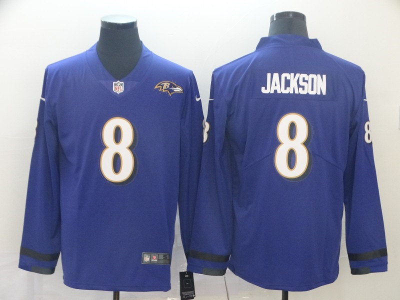 Nike Ravens 8 Lamar Jackson Purple Therma Long Sleeve Jersey