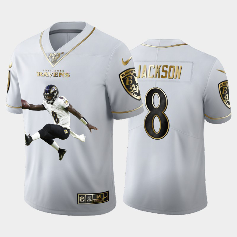 Nike Ravens 8 Lamar Jackson White Gold Player Name Logo 100th Season Vapor Untouchable Limited Jersey