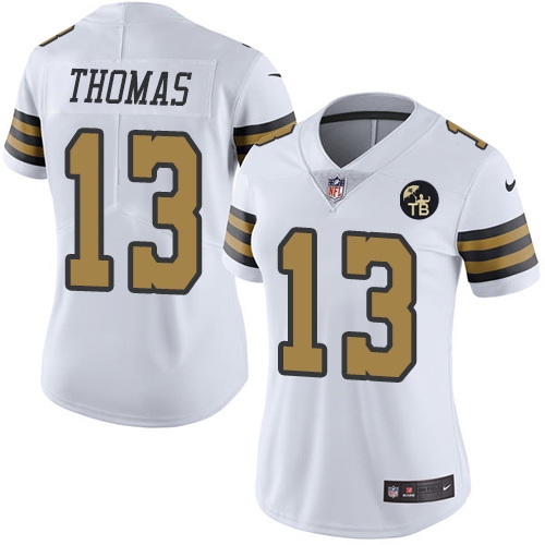  Saints 13 Michael Thomas White Women With Tom Benson Patch Color Rush Limited Jersey