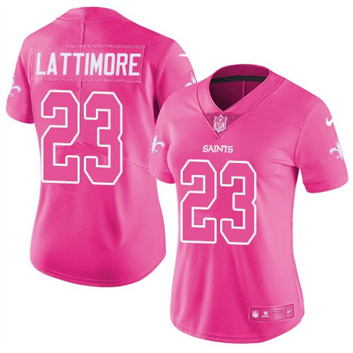  Saints 23 Marshon Lattimore Pink Fashion Women Rush Limited Jersey