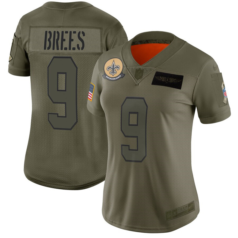Nike Saints 9 Drew Brees 2019 Olive Women Salute To Service Limited Jersey
