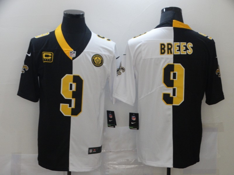 Nike Saints 9 Drew Brees Black And White Split C Patch Vapor