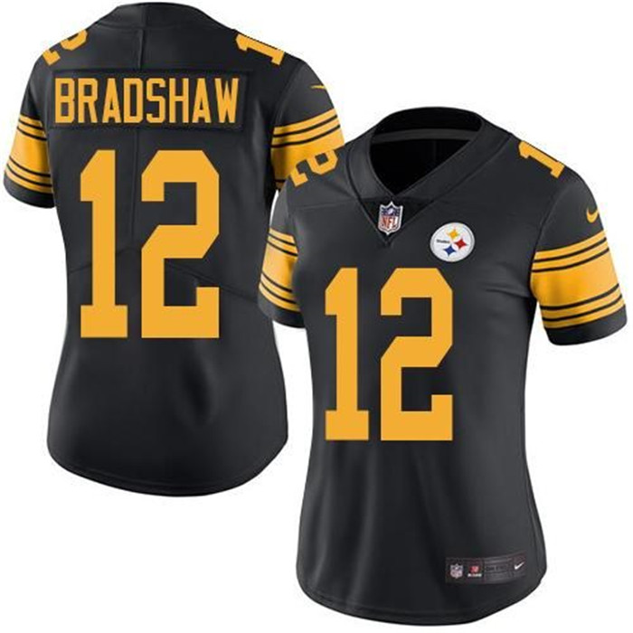  Steelers 12 Terry Bradshaw Black Women Color Rush Limited Jersey