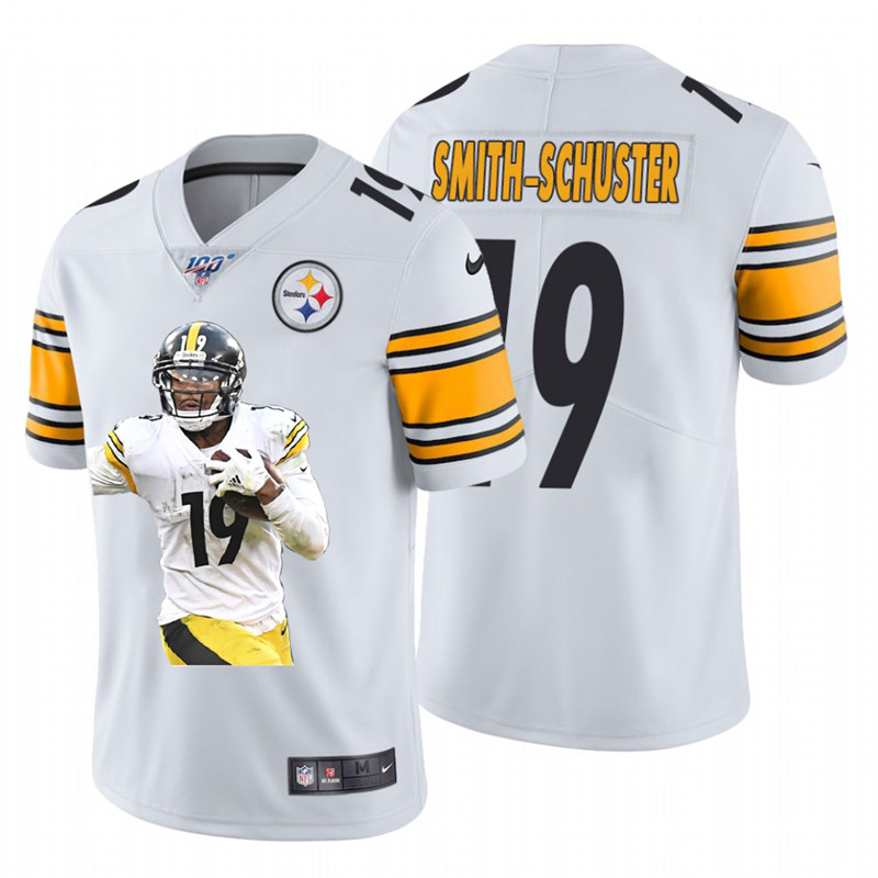 Nike Steelers 19 JuJu Smith Schuster White Player Name Logo 100th Season Limited Jersey