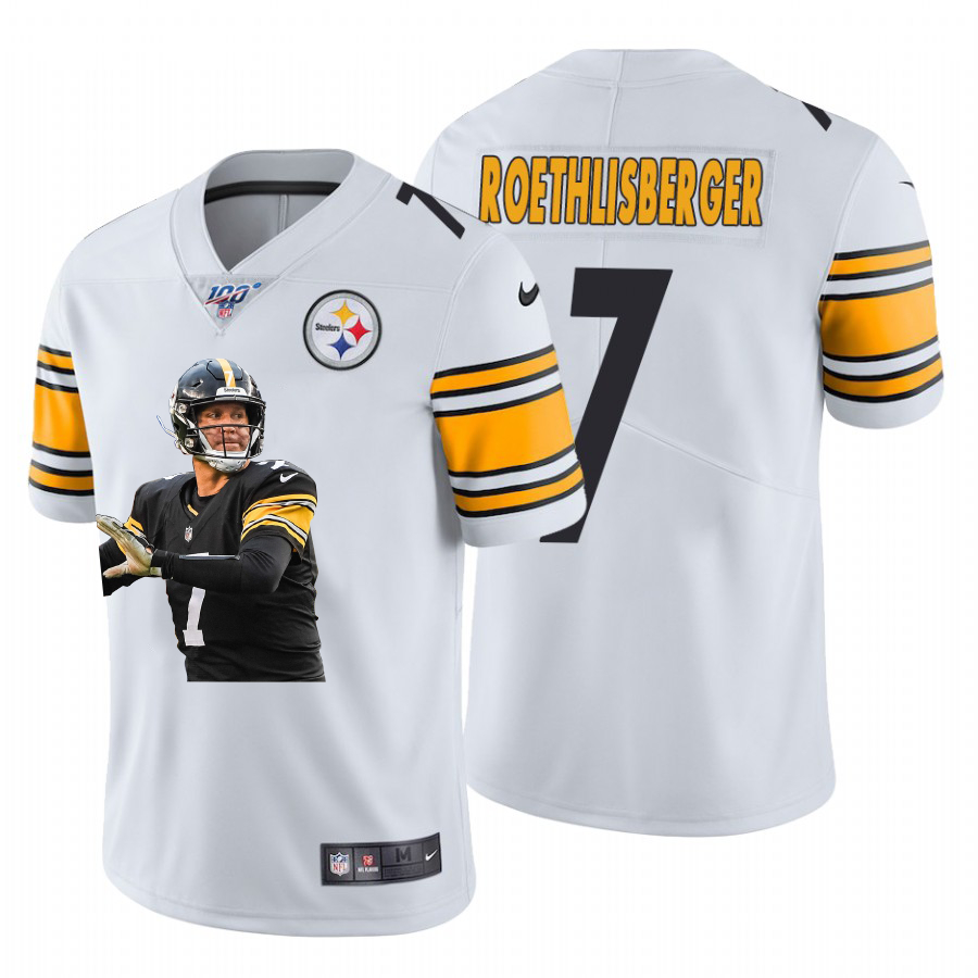 Nike Steelers 7 Ben Roethlisberger White Player Name Logo 100th Season Limited Jersey