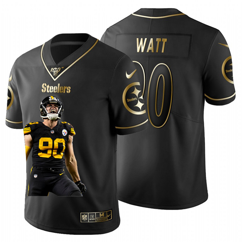 Nike Steelers 90 T.J. Watt Black Gold Player Name Logo 100th Season Limited Jersey