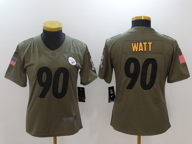  Steelers 90 T.J. Watt Women Olive Salute To Service Limited Jersey