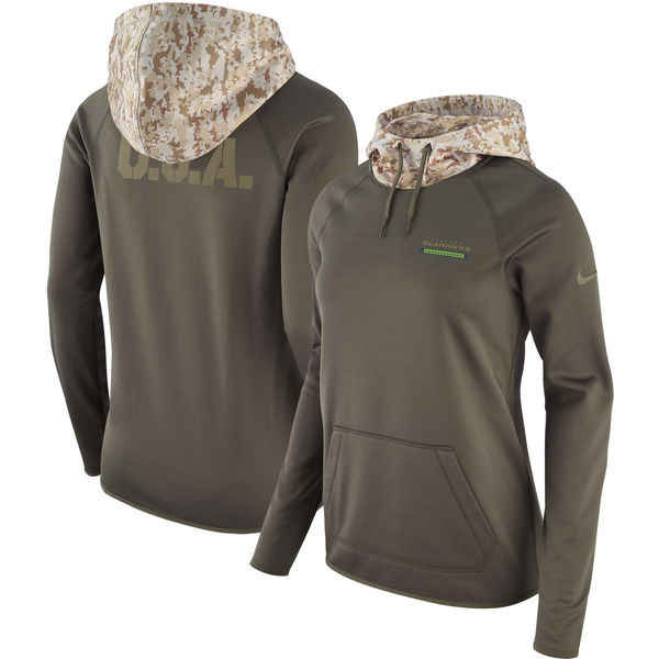  Women's Seattle Seahawks Olive Salute to Service Sideline Therma Pullover Hoodie