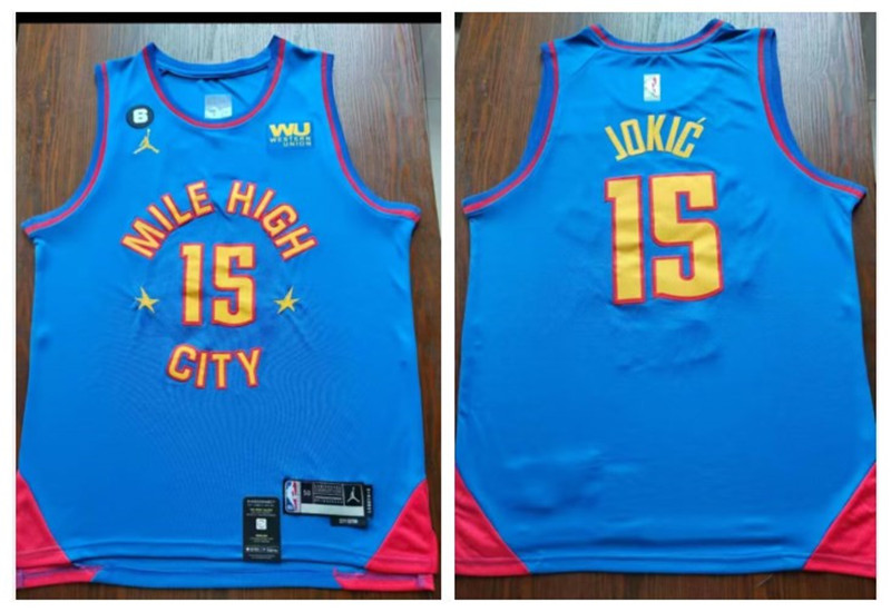 Nuggets 15 Nikola Jokic Blue 2023 City Edition NO.6 Patch Swingman Jersey