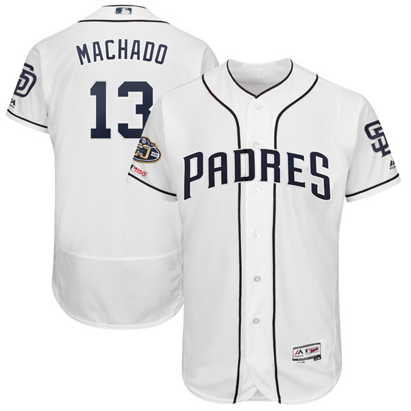 Padres 13 Manny Machado White 50th Anniversary and 150th Patch FlexBase Jersey