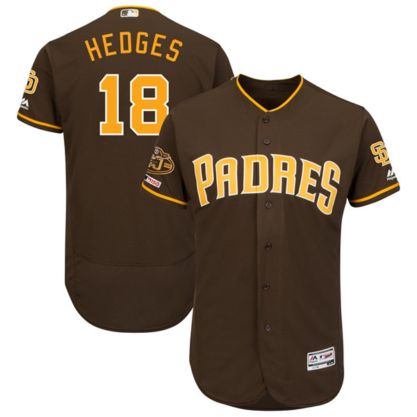 Padres 18 Austin Hedges Brown 50th Anniversary and 150th Patch FlexBase Jersey