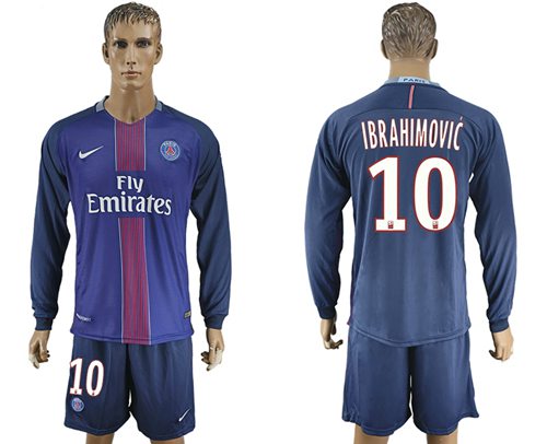 Paris Saint Germain 10 Ibrahimovic Home Long Sleeves Soccer Club Jersey