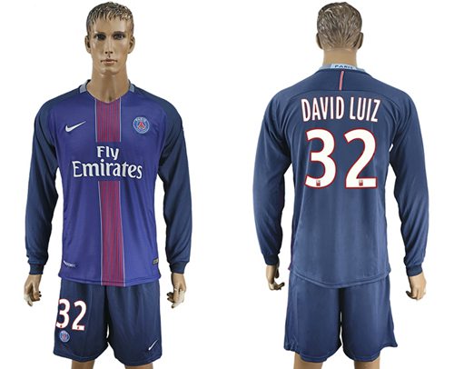 Paris Saint Germain 32 David Luiz Home Long Sleeves Soccer Club Jersey