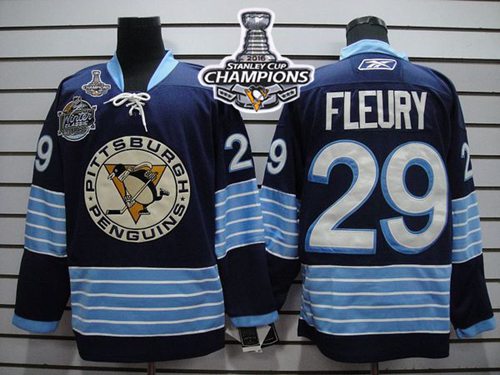Penguins 29 Andre Fleury Dark Blue 2011 Winter Classic Vintage 2016 Stanley Cup Champions Stitched NHL Jersey