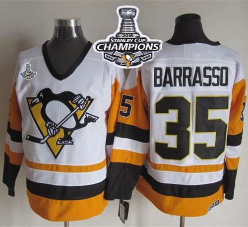 Penguins 35 Tom Barrasso White Black CCM Throwback 2016 Stanley Cup Champions Stitched NHL Jersey