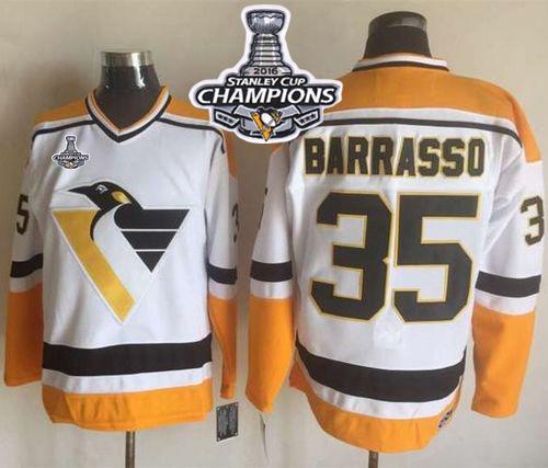 Penguins 35 Tom Barrasso White Yellow CCM Throwback 2016 Stanley Cup Champions Stitched NHL Jersey
