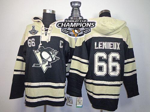 Penguins 66 Mario Lemieux Black Sawyer Hooded Sweatshirt 2016 Stanley Cup Champions Stitched NHL Jersey