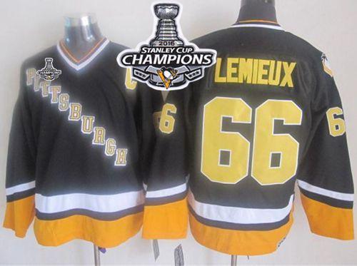 Penguins 66 Mario Lemieux Black Yellow CCM Throwback 2016 Stanley Cup Champions Stitched NHL Jersey