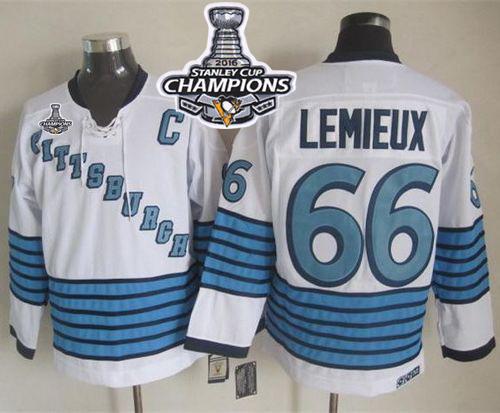 Penguins 66 Mario Lemieux White Light Blue CCM Throwback 2016 Stanley Cup Champions Stitched NHL Jersey