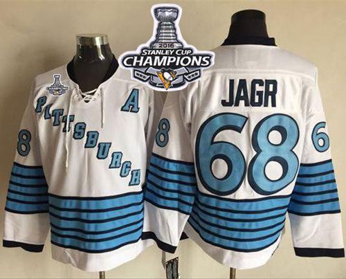 Penguins 68 Jaromir Jagr White Light Blue CCM Throwback 2016 Stanley Cup Champions Stitched NHL Jersey