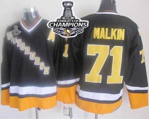 Penguins 71 Evgeni Malkin Black Yellow CCM Throwback 2016 Stanley Cup Champions Stitched NHL Jersey