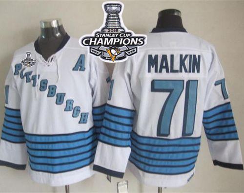 Penguins 71 Evgeni Malkin White Light Blue CCM Throwback 2016 Stanley Cup Champions Stitched NHL Jersey
