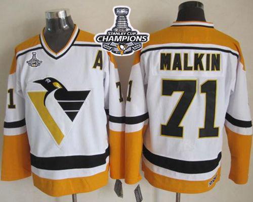 Penguins 71 Evgeni Malkin White Yellow CCM Throwback 2016 Stanley Cup Champions Stitched NHL Jersey