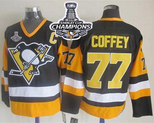 Penguins 77 Paul Coffey Black CCM Throwback 2016 Stanley Cup Champions Stitched NHL Jersey