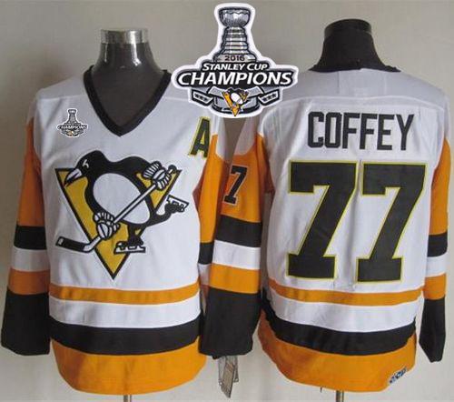 Penguins 77 Paul Coffey White Black CCM Throwback 2016 Stanley Cup Champions Stitched NHL Jersey
