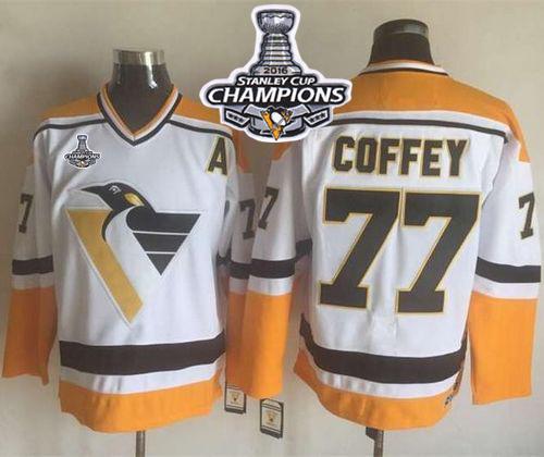 Penguins 77 Paul Coffey White Yellow CCM Throwback 2016 Stanley Cup Champions Stitched NHL Jersey