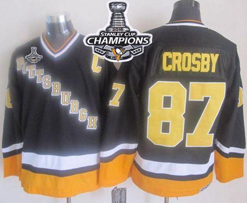 Penguins 87 Sidney Crosby Black Yellow CCM Throwback 2016 Stanley Cup Champions Stitched NHL Jersey