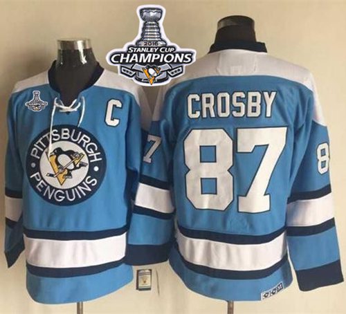Penguins 87 Sidney Crosby Blue Alternate CCM Throwback 2016 Stanley Cup Champions Stitched NHL Jersey