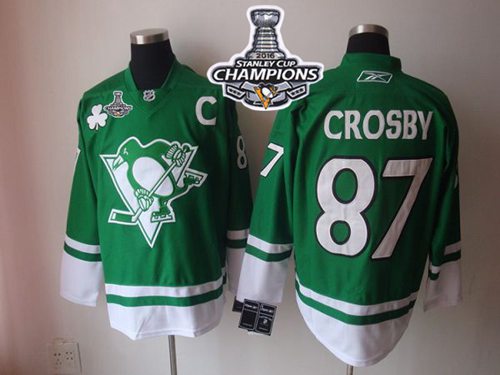 Penguins 87 Sidney Crosby Green St Patty's Day 2016 Stanley Cup Champions Stitched NHL Jersey