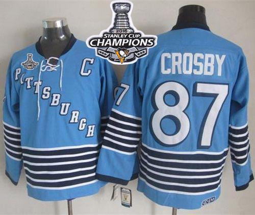 Penguins 87 Sidney Crosby Light Blue CCM Throwback 2016 Stanley Cup Champions Stitched NHL Jersey