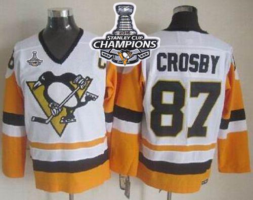 Penguins 87 Sidney Crosby White Black CCM Throwback 2016 Stanley Cup Champions Stitched NHL Jersey