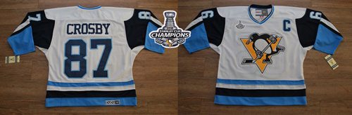 Penguins 87 Sidney Crosby White Blue CCM Throwback 2016 Stanley Cup Champions Stitched NHL Jersey