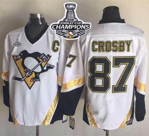 Penguins 87 Sidney Crosby White CCM Throwback 2016 Stanley Cup Champions Stitched NHL Jersey