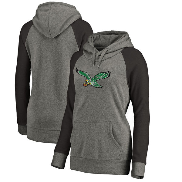 Philadelphia Eagles NFL Pro Line by Fanatics Branded Women's Throwback Logo Tri Blend Raglan Plus Size Pullover Hoodie Gray Black