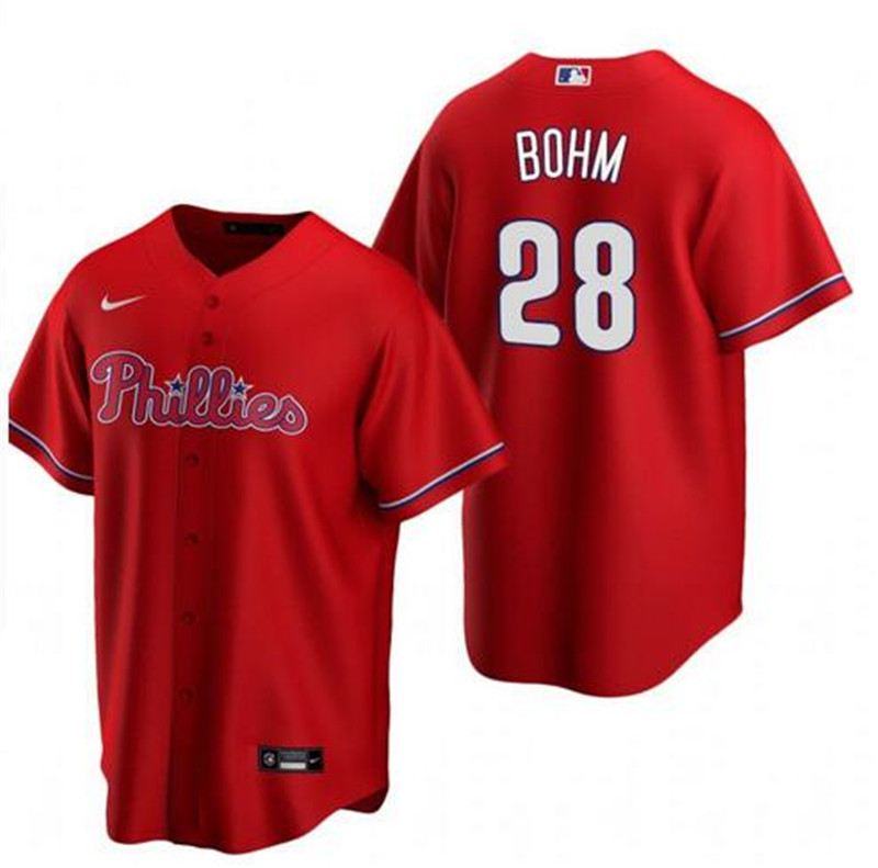 Phillies 28 Alec Bohm Red Nike Cool Base Jersey