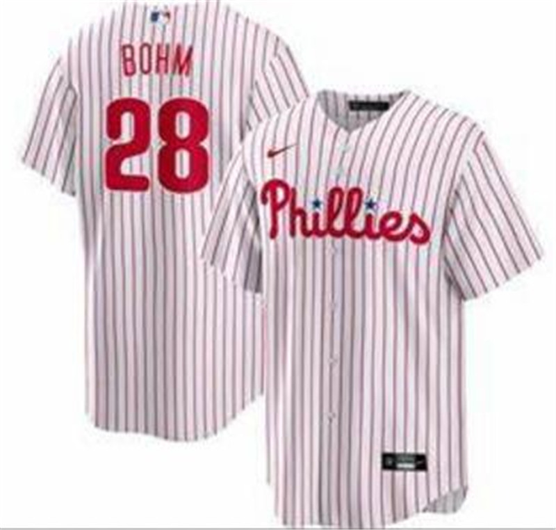 Phillies 28 Alec Bohm White Nike Cool Base Jersey