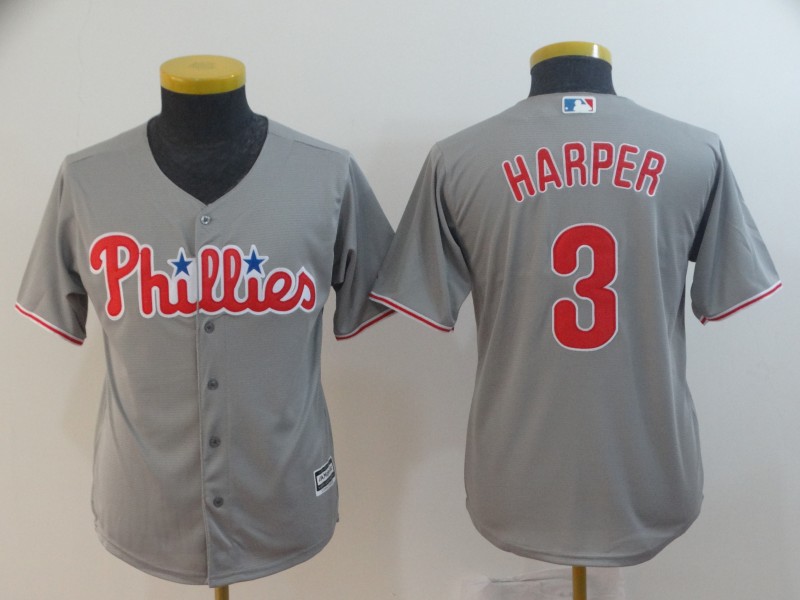 Phillies 3 Bryce Harper Gray Youth Cool Base Jersey