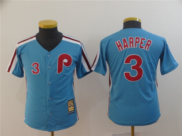 Phillies 3 Bryce Harper Light Blue Youth Cool Base Cooperstown Jersey