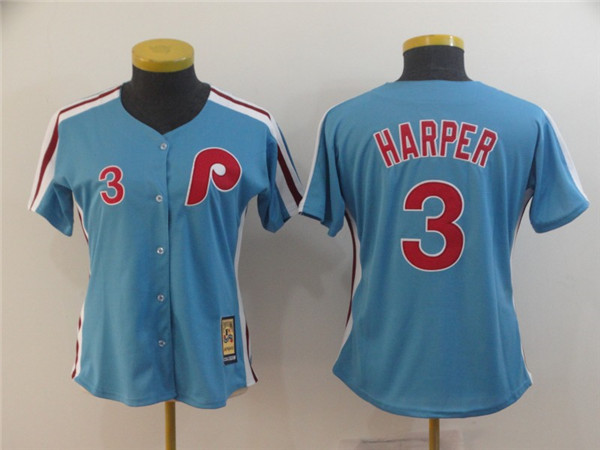 Phillies 3 Bryce Harper Women Light Blue Cool Base Cooperstown Jersey