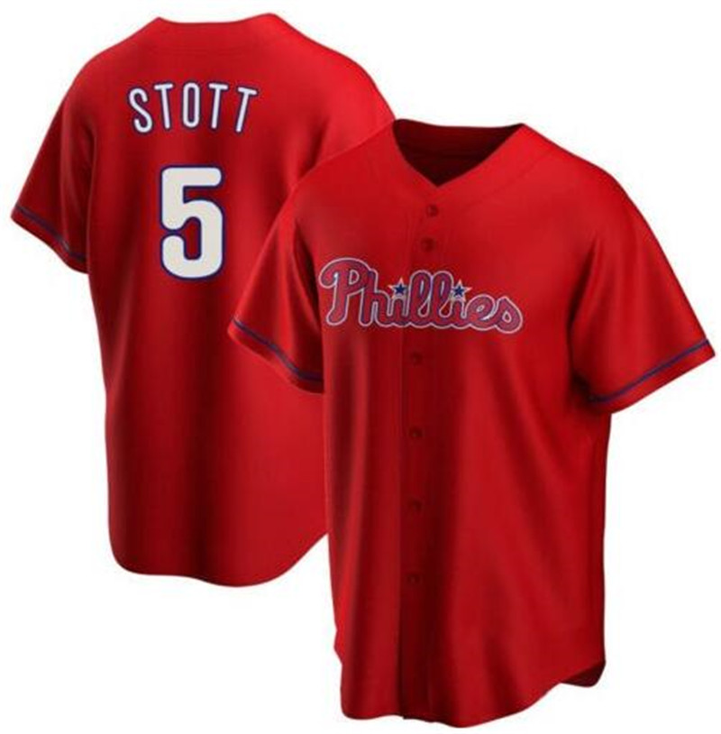 Phillies 5 Bryson Stott Red Nike Cool Base Jersey
