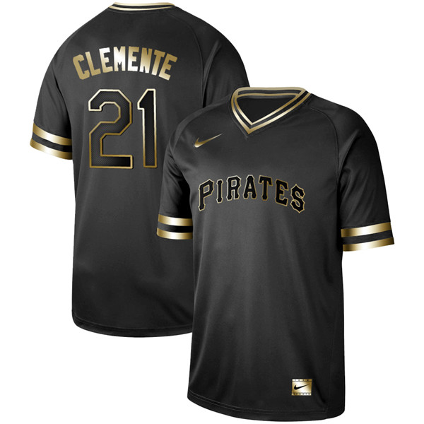 Pirates 21 Roberto Clemente Black Gold Nike Cooperstown Collection Legend V Neck Jersey