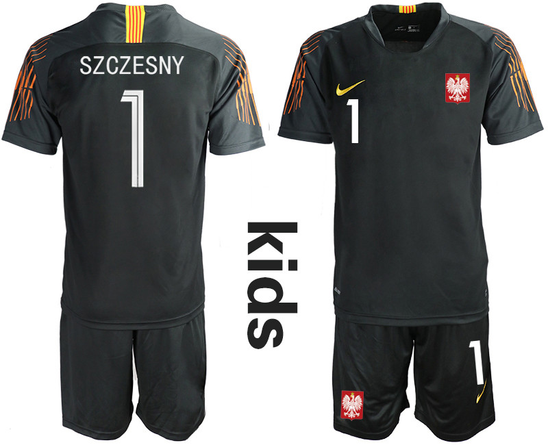 Poland 1 SZCZESNY Black Youth 2018 FIFA World Cup Goalkeeper Soccer Jersey