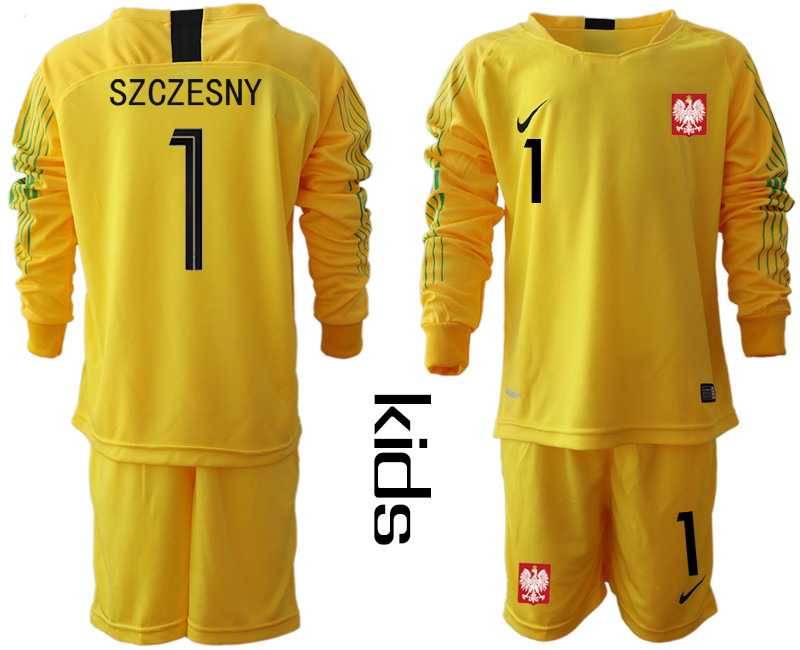 Poland 1 SZCZESNY Yellow Youth 2018 FIFA World Cup Long Sleeve Goalkeeper Soccer Jersey