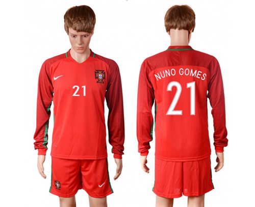 Portugal 21 Nuno Gomes Home Long Sleeves Soccer Country Jersey